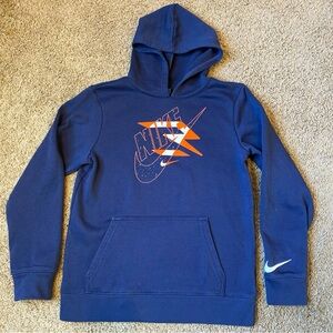 Nike Hoodie Youth Boys XL Navy Orange Logo Pullover Fleece Sweatshirt Pocket
